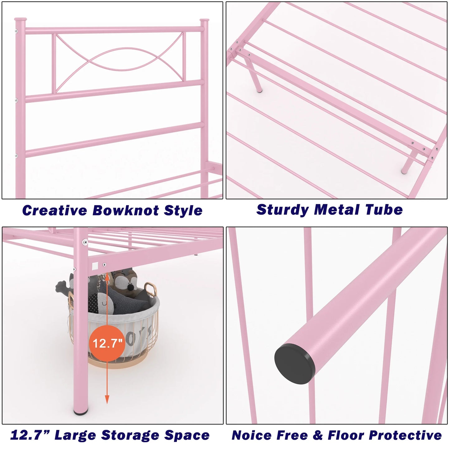 Kids Pink Metal Platform Bed Frame Twin Single Bed with Headboard & Footboard for Girls Bedroom Furniture, No Box Spring Needed