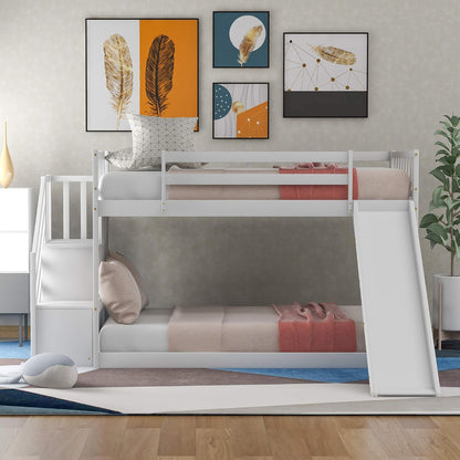 Twin Bunk Bed with Slide, Space Saving Design Bedroom Furniture Wood Twin over Twin Bed Frame with Stairway, Storage and Safety Guard Rail (White)