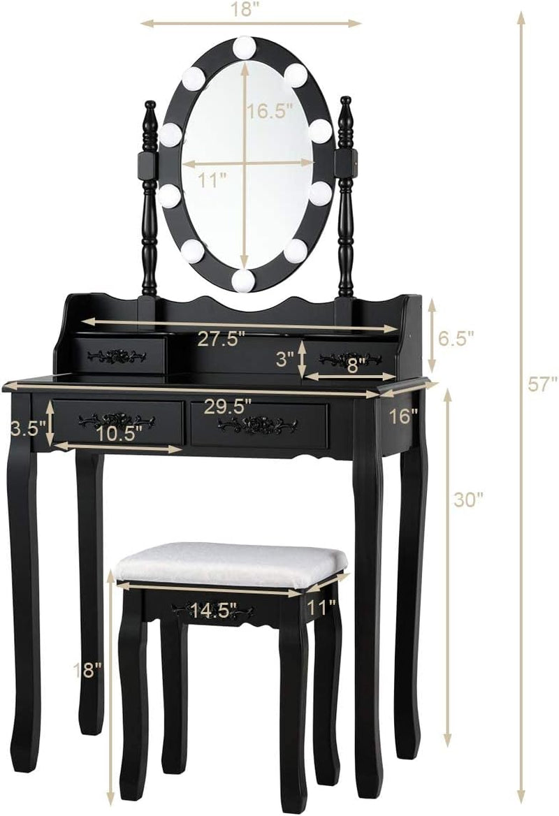 Makeup Vanity Table with 10 LED Lights, Adjustable Brightness, 4 Drawers, Rotatable Mirror, Cushioned Stool, Vanity Desk Dressing Table Bedroom Furniture (Black)