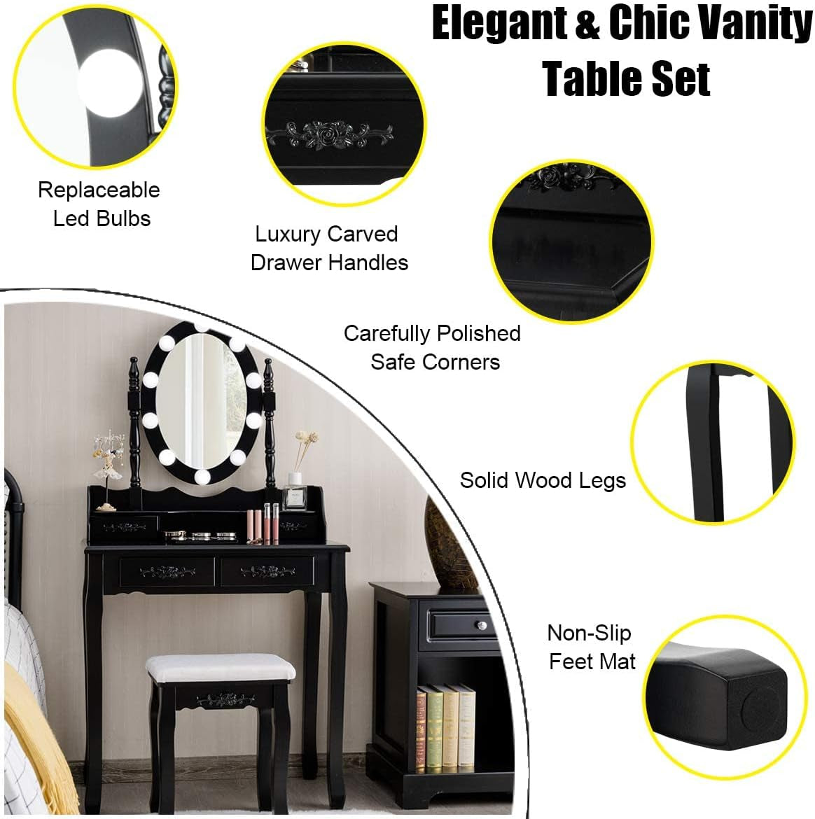 Makeup Vanity Table with 10 LED Lights, Adjustable Brightness, 4 Drawers, Rotatable Mirror, Cushioned Stool, Vanity Desk Dressing Table Bedroom Furniture (Black)