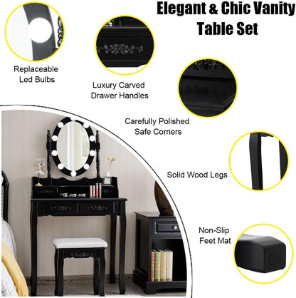 Makeup Vanity Table with 10 LED Lights, Adjustable Brightness, 4 Drawers, Rotatable Mirror, Cushioned Stool, Vanity Desk Dressing Table Bedroom Furniture (Black)