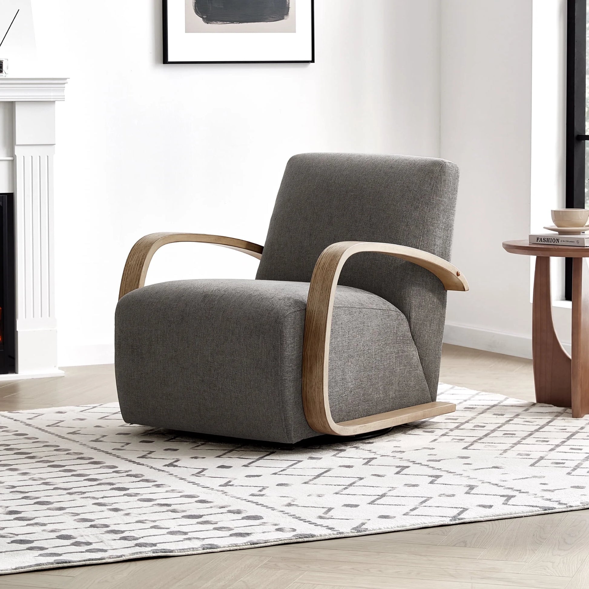 Swivel Accent Chair with U-Shaped Wood Arm for Living Room Beedroom, Fossil Gray Faux Leather&Gray Wood