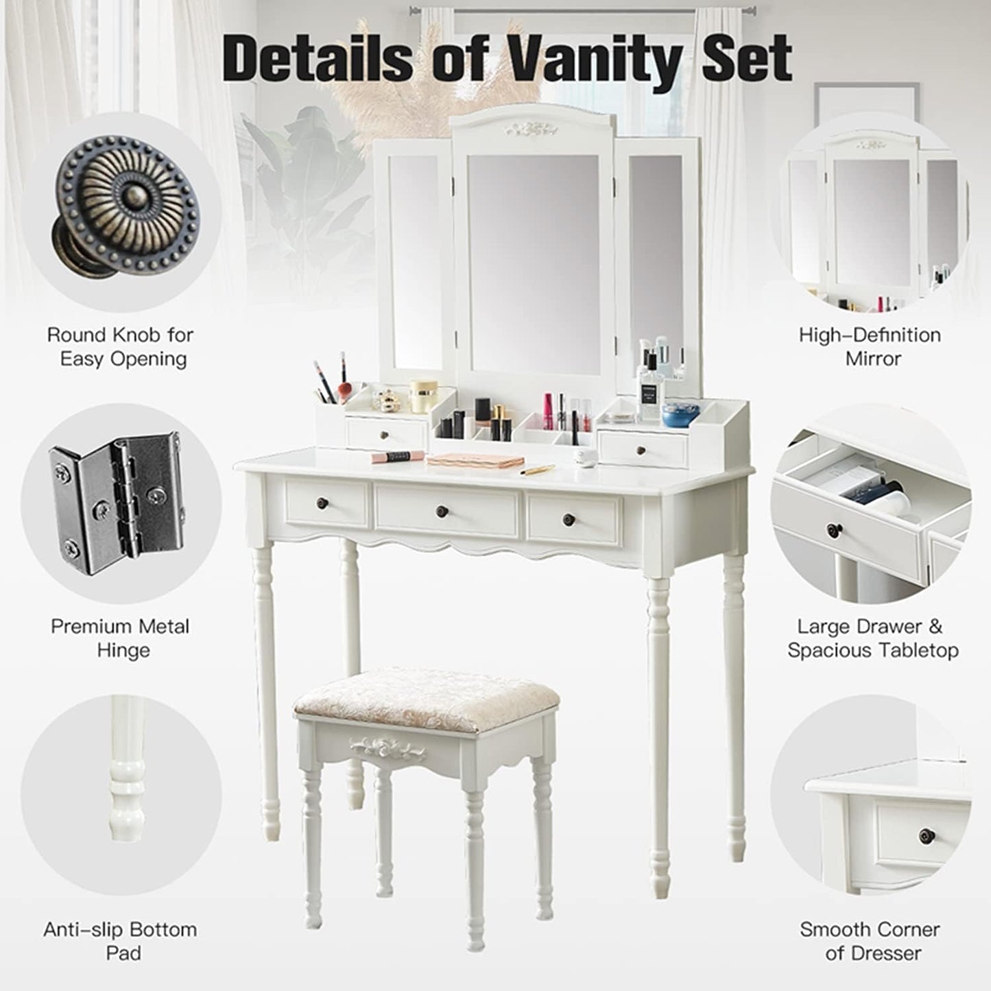 Vanity Table Set with Three Square Mirror Dressing Table and Cushioned Stool with 5 Drawers Bedroom Furniture for Girls Women
