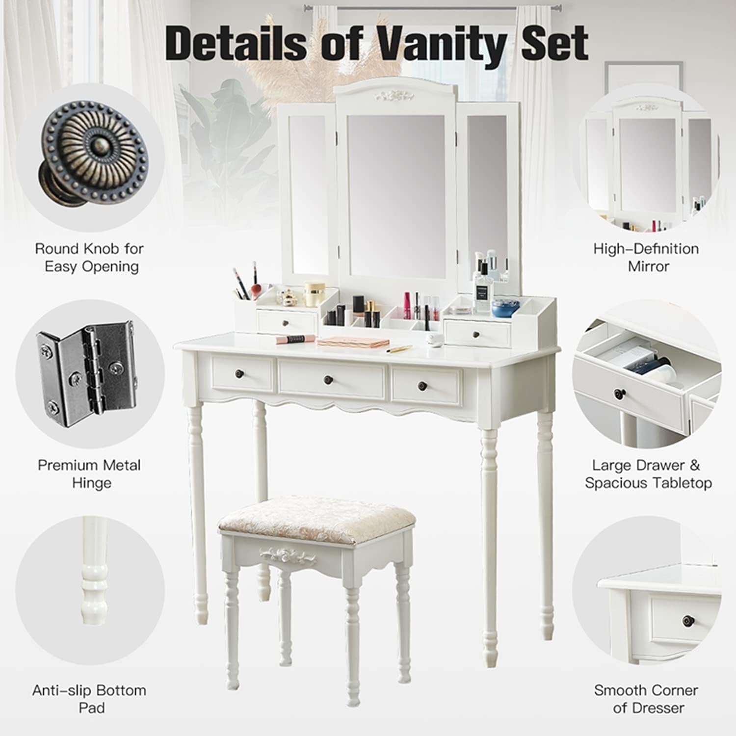 Vanity Table Set with Three Square Mirror Dressing Table and Cushioned Stool with 5 Drawers Bedroom Furniture for Girls Women