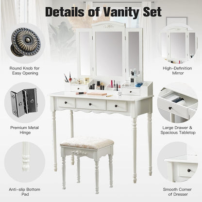 Vanity Table Set with Three Square Mirror Dressing Table and Cushioned Stool with 5 Drawers Bedroom Furniture for Girls Women