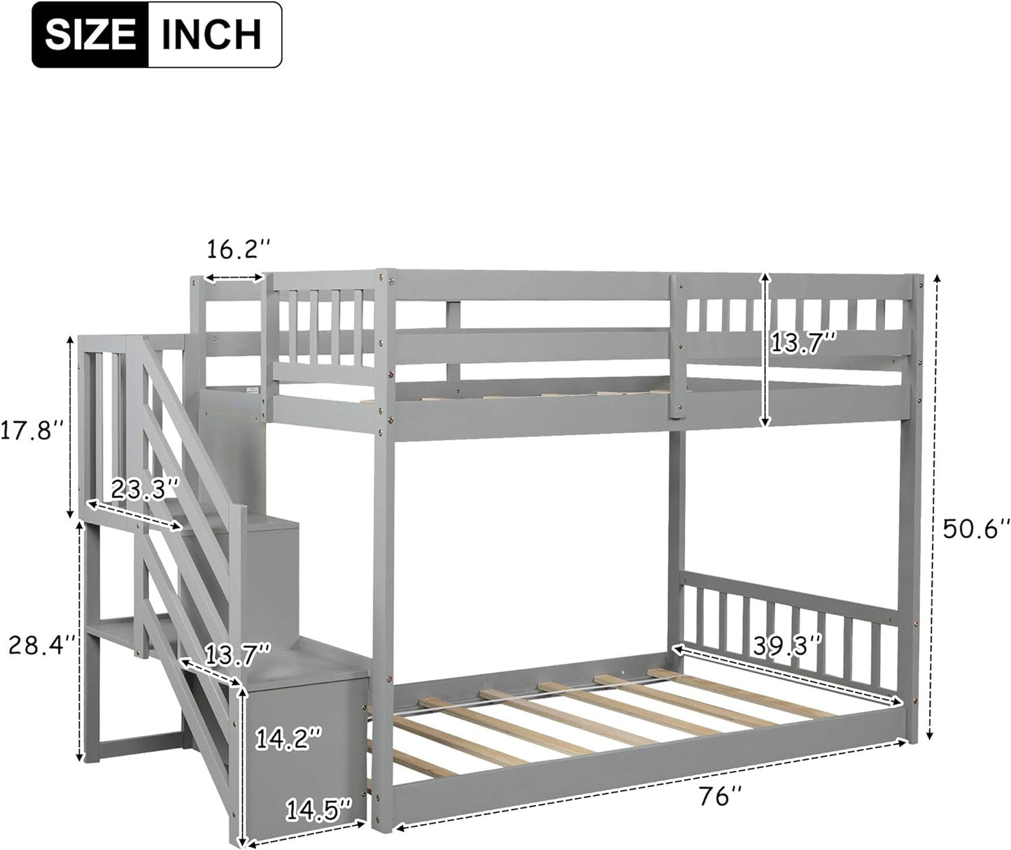 Low Bunk Bed, Wood Twin over Twin Low Floor Bunk Bed, Modern Bunk Bed Frame with Stair and Storage Shelf for Kids,Teens,Boys,Girls,Bedroom Furniture (Gray)