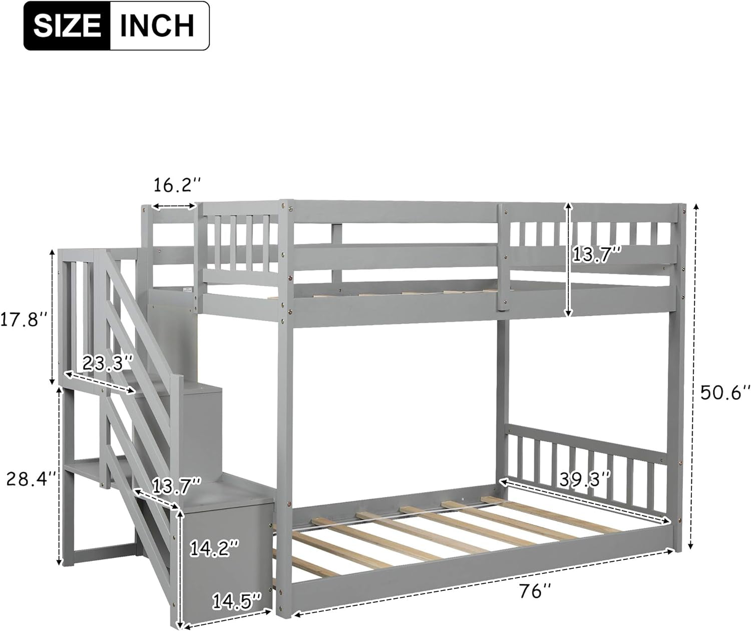 Low Bunk Bed, Wood Twin over Twin Low Floor Bunk Bed, Modern Bunk Bed Frame with Stair and Storage Shelf for Kids,Teens,Boys,Girls,Bedroom Furniture (Gray)