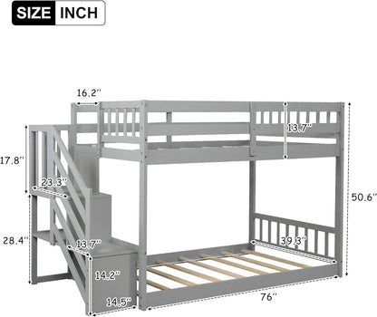 Low Bunk Bed, Wood Twin over Twin Low Floor Bunk Bed, Modern Bunk Bed Frame with Stair and Storage Shelf for Kids,Teens,Boys,Girls,Bedroom Furniture (Gray)