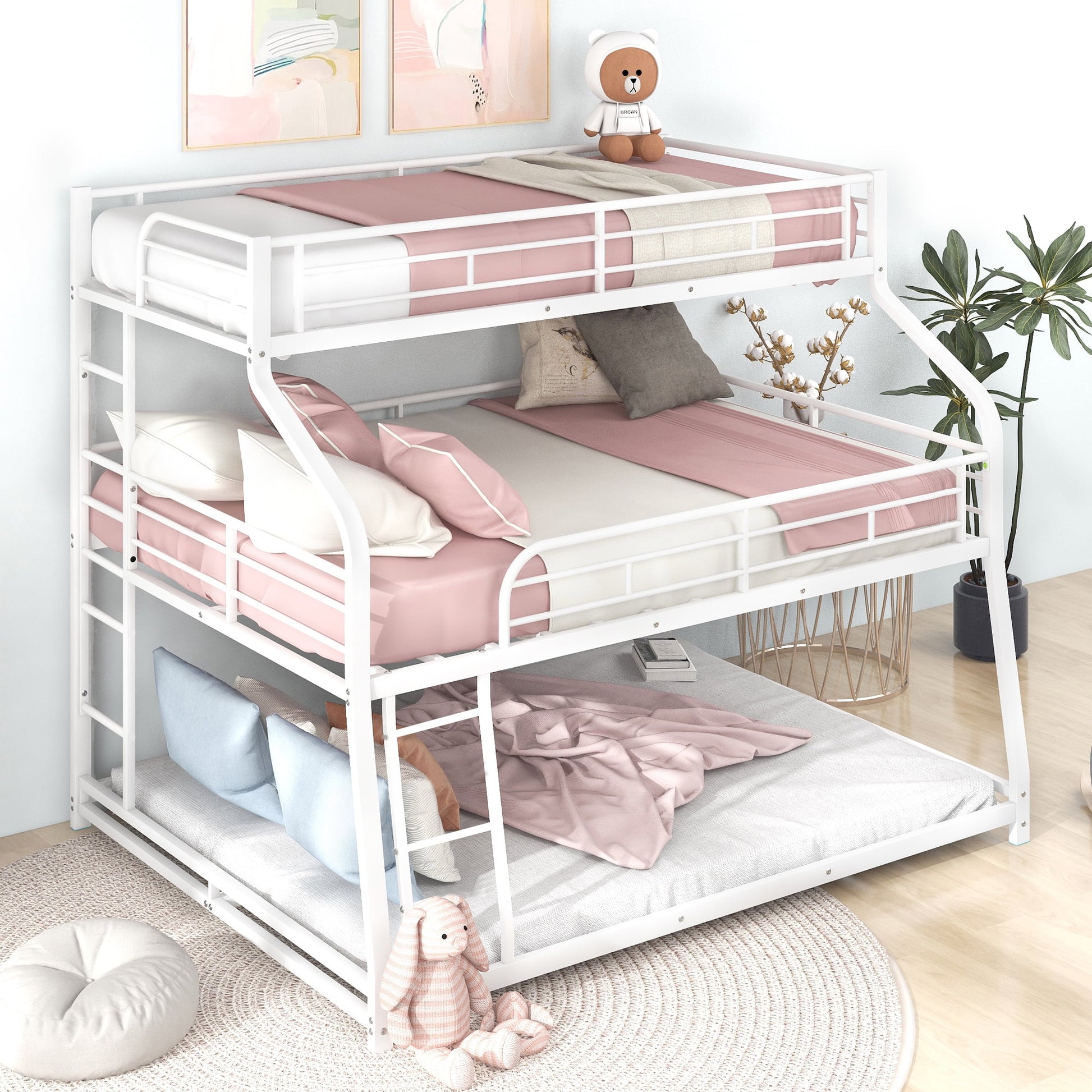 Twin Xl/Full Xl/Queen Size Triple Bunk Bed, 3 Bunk Beds/Metal Triple Bunk Bed with Long, Short Ladder and Full-Length Guardrails, Triple Bunk Bed for Kids,Teens, Adults(White)