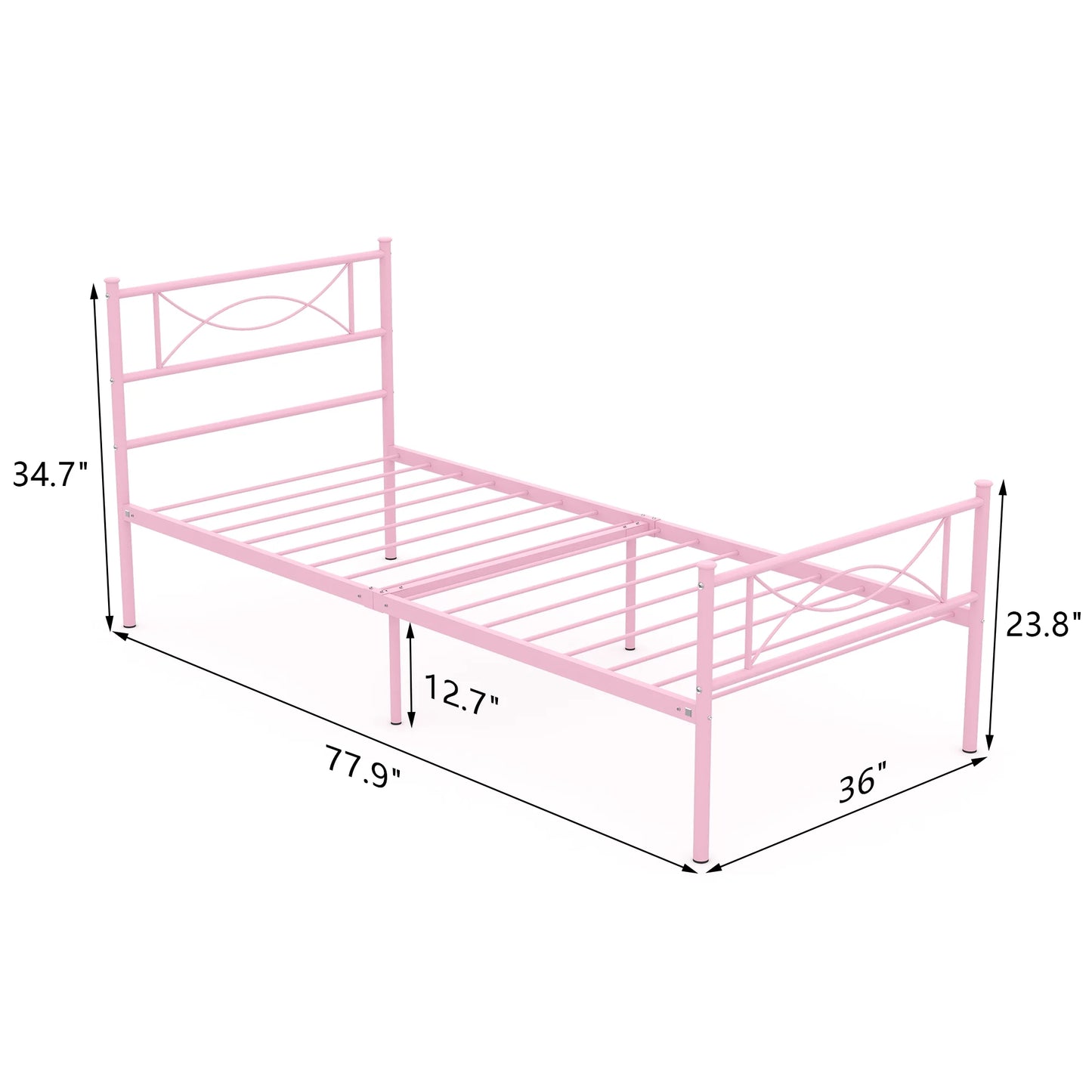 Kids Pink Metal Platform Bed Frame Twin Single Bed with Headboard & Footboard for Girls Bedroom Furniture, No Box Spring Needed