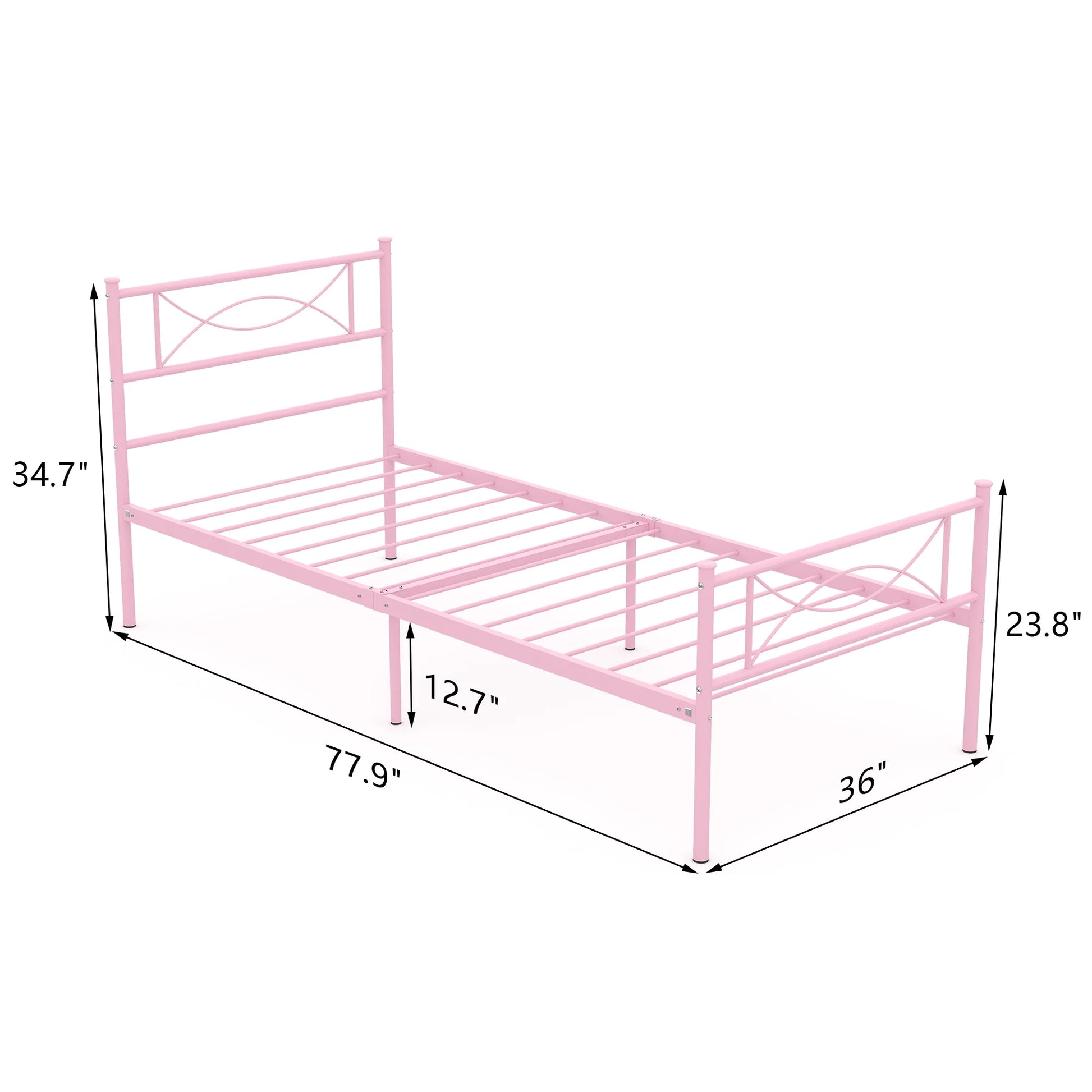 Kids Pink Metal Platform Bed Frame Twin Single Bed with Headboard & Footboard for Girls Bedroom Furniture, No Box Spring Needed