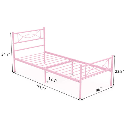 Kids Pink Metal Platform Bed Frame Twin Single Bed with Headboard & Footboard for Girls Bedroom Furniture, No Box Spring Needed