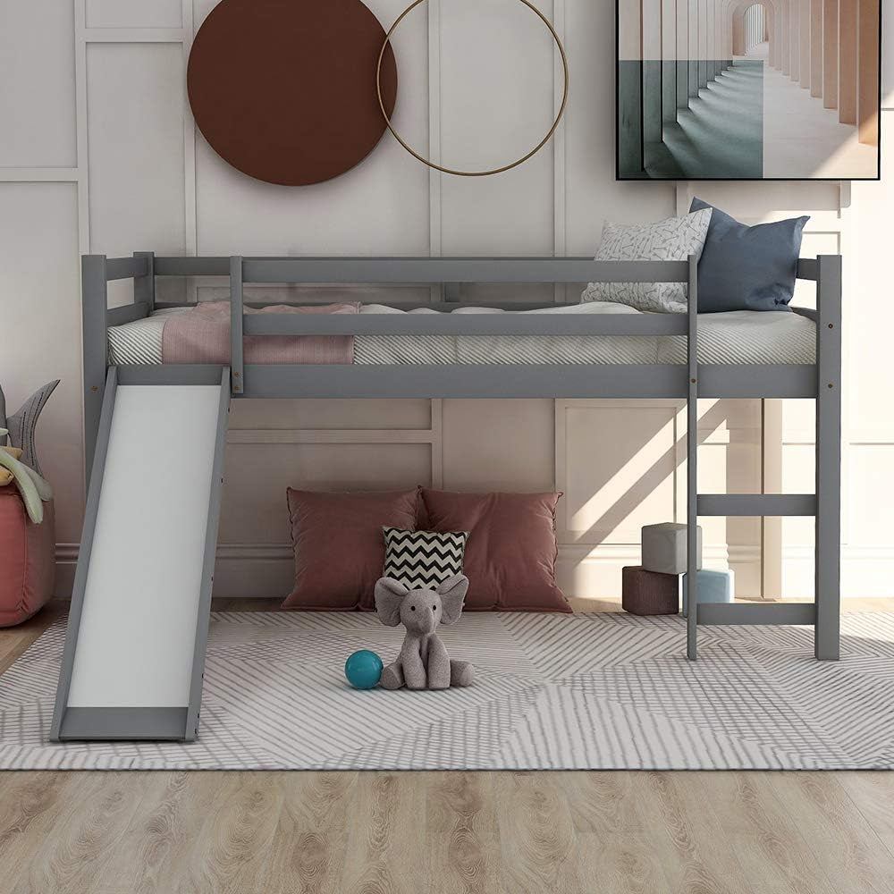Loft Bed with Slide, Multifunctional Design Twin Wood Bed Frame (Gray)