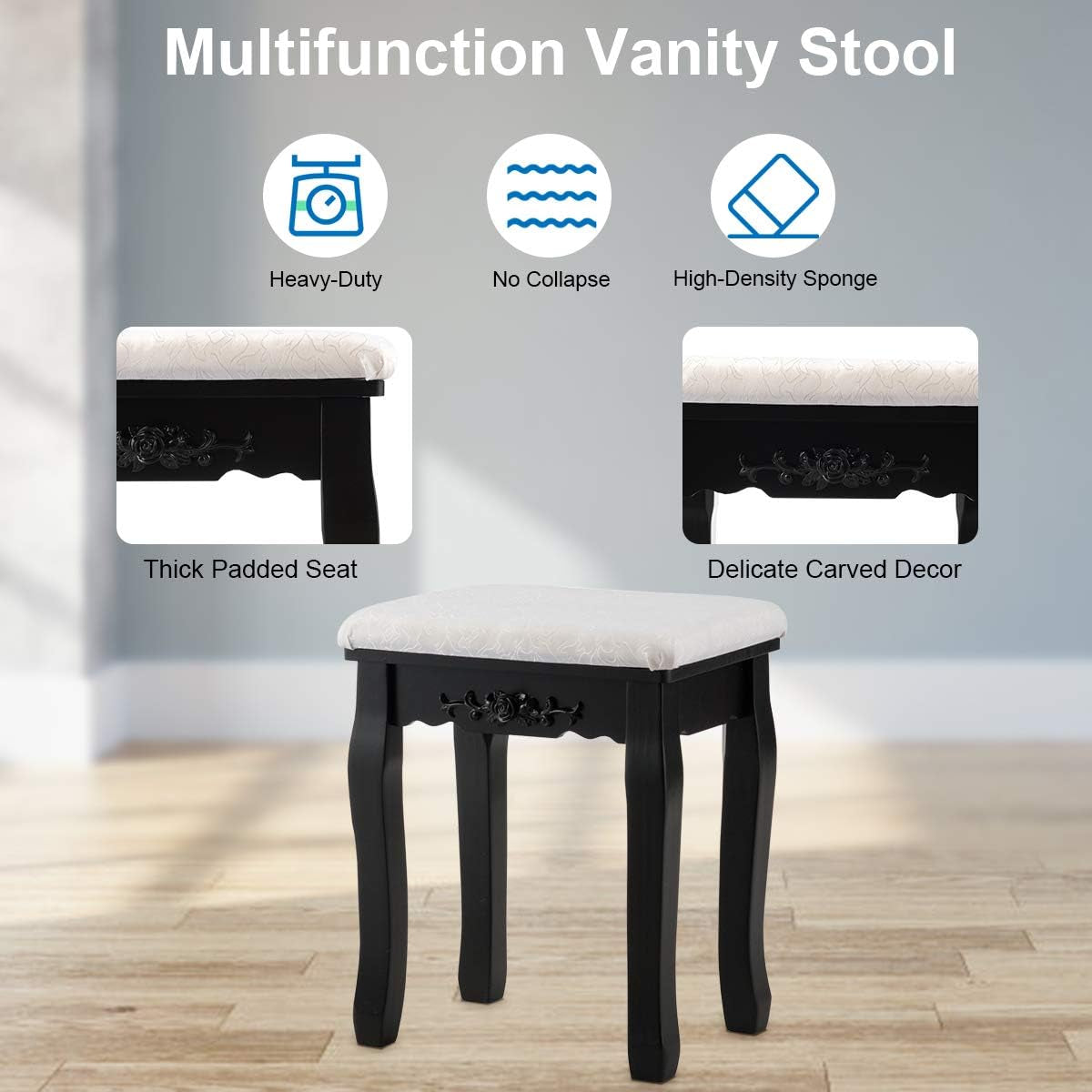Makeup Vanity Table with 10 LED Lights, Adjustable Brightness, 4 Drawers, Rotatable Mirror, Cushioned Stool, Vanity Desk Dressing Table Bedroom Furniture (Black)