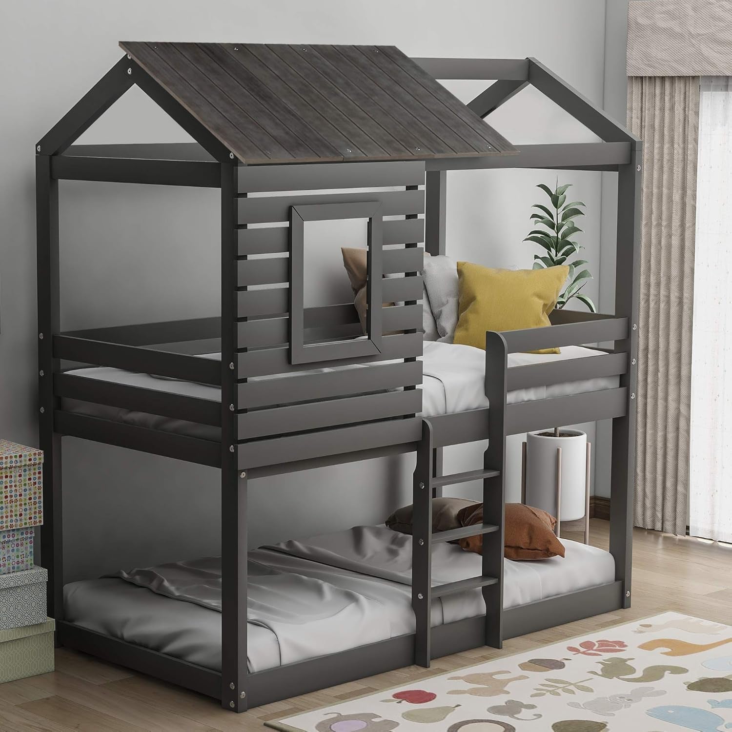 Twin over Twin Bunk Bed, Wood Twin House Bed Loft Bed Bedroom Furniture with Roof, Window, Guardrail & Ladder (Gray, Twin over Twin)