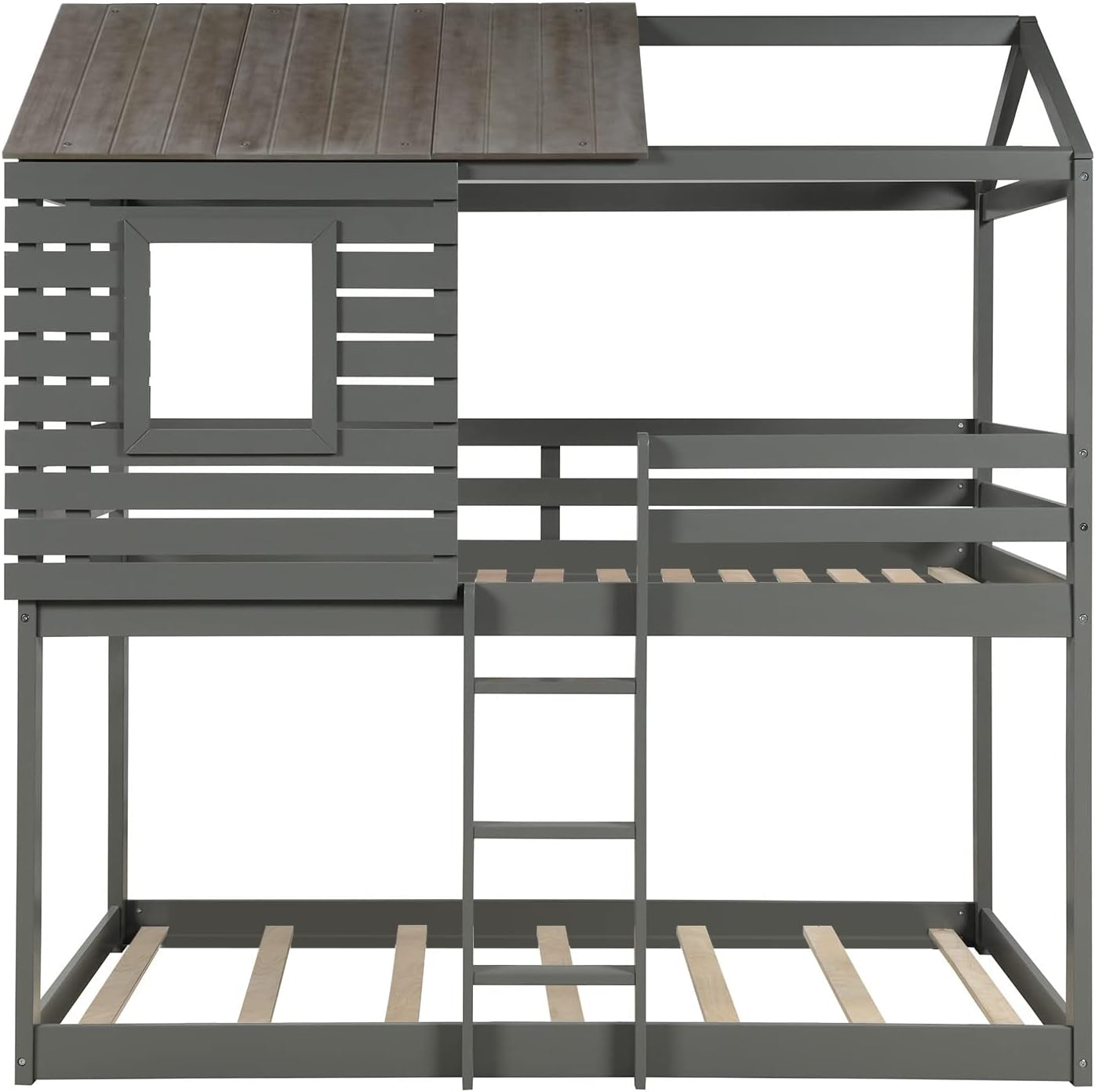 Twin over Twin Bunk Bed, Wood Twin House Bed Loft Bed Bedroom Furniture with Roof, Window, Guardrail & Ladder (Gray, Twin over Twin)
