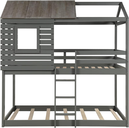 Twin over Twin Bunk Bed, Wood Twin House Bed Loft Bed Bedroom Furniture with Roof, Window, Guardrail & Ladder (Gray, Twin over Twin)