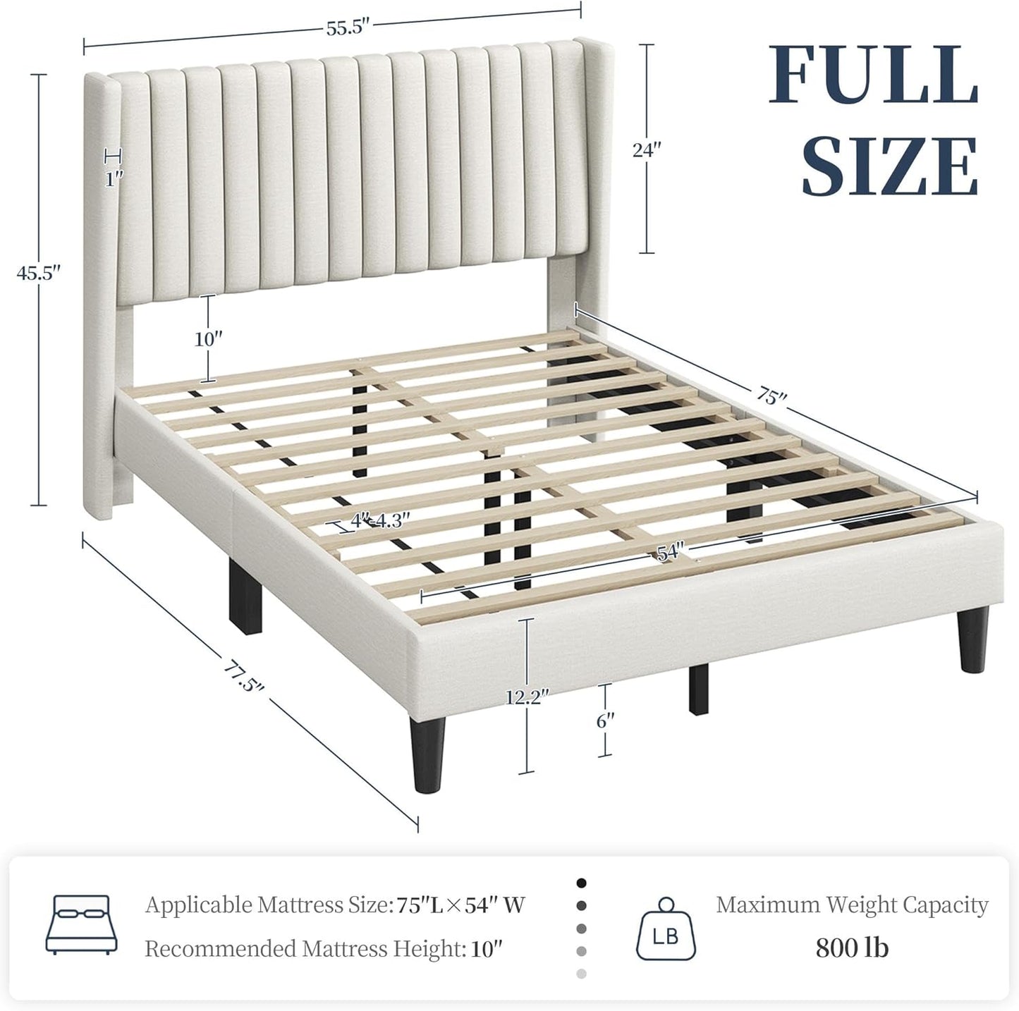 Full Bed Frame Upholstered Platform Bed with Fabric Headboard, Wing Edge Design/Non-Slip and Noise-Free/Wooden Slats Support/No Box Spring Needed/Easy Assembly, Beige Full Bed