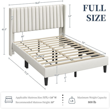 Full Bed Frame Upholstered Platform Bed with Fabric Headboard, Wing Edge Design/Non-Slip and Noise-Free/Wooden Slats Support/No Box Spring Needed/Easy Assembly, Beige Full Bed