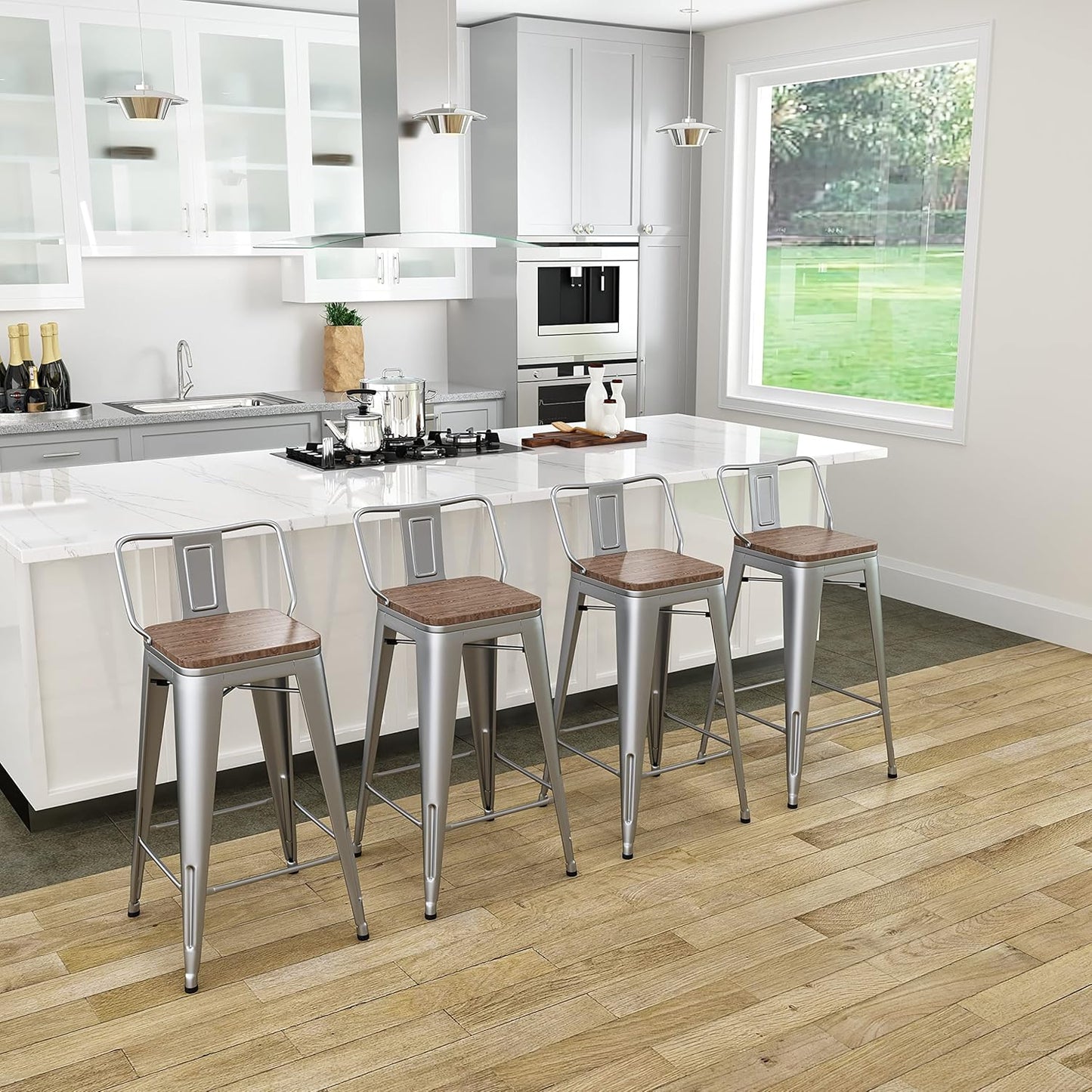 Metal Bar Stools Set of 4 Barstools Counter Height Bar Stools with Back Industrial Bar Stool Indoor Counter Stool Kitchen Island Stools Modern Bar Chair with Wood Top 24 Inch Silver