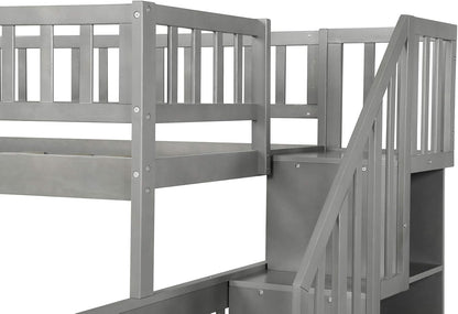 Twin over Full Bunk Bed with Trundle, Wood Bunk Bed Frame with Storage and Safety Rail, Bedroom Furniture, White