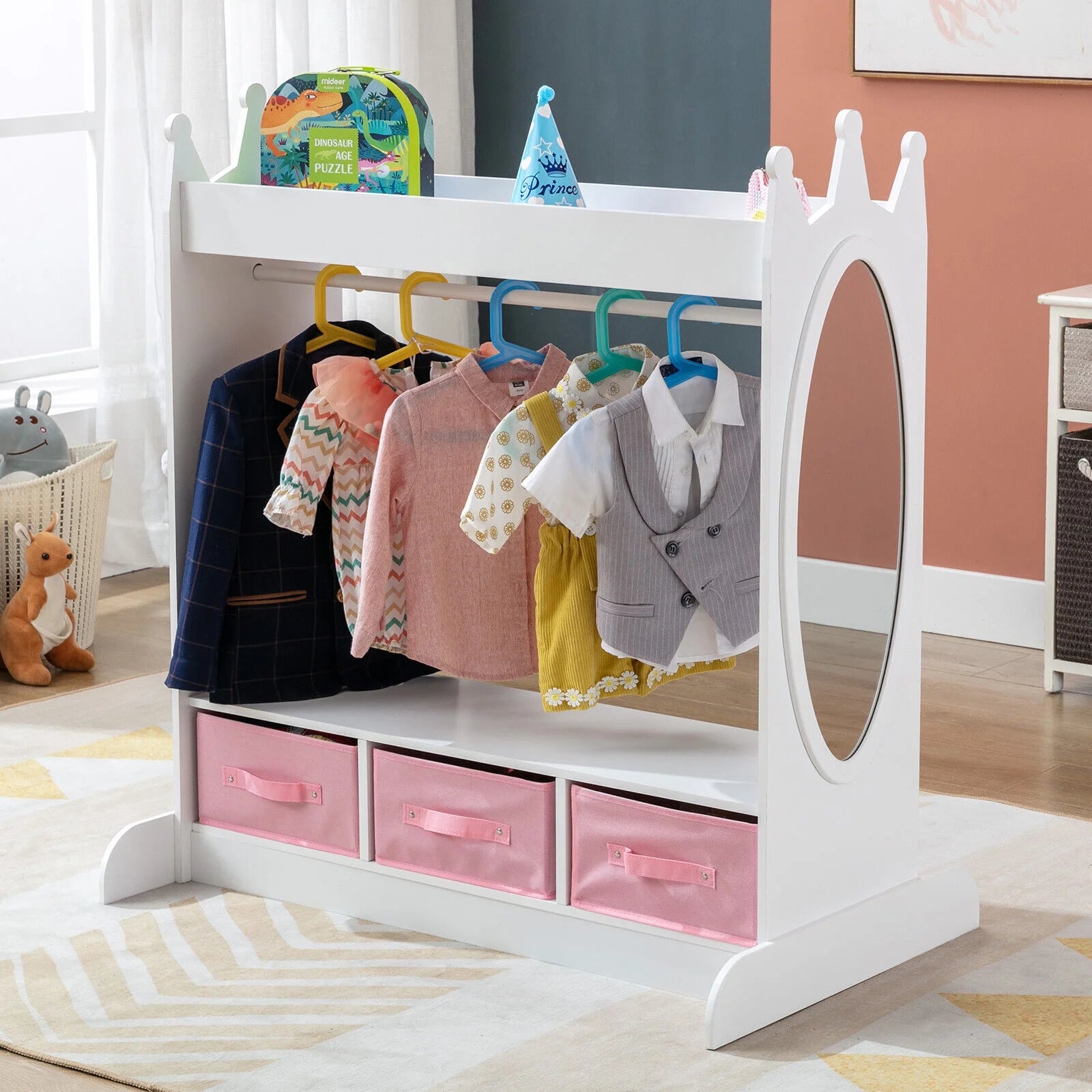 Kids Armoire Pretend Dress-Up Storage Openning Hanging Closet Wardrobe Girls Bedroom Furniture with Mirror, 3 Drawers, Side Pocket(White)