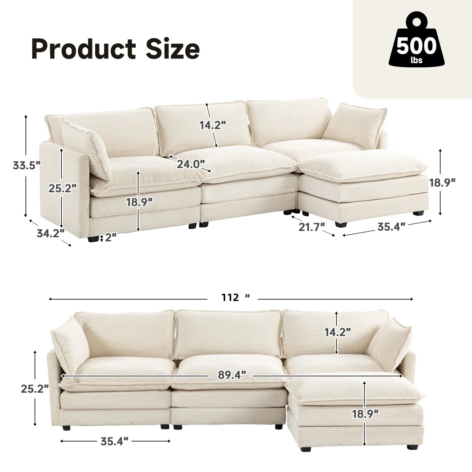 Sectional Sofa with Ottoman, Small L Shaped Free Combination Corduroy Couch Furniture Sets for Living Room, Beige