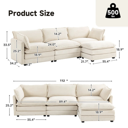 Sectional Sofa with Ottoman, Small L Shaped Free Combination Corduroy Couch Furniture Sets for Living Room, Beige