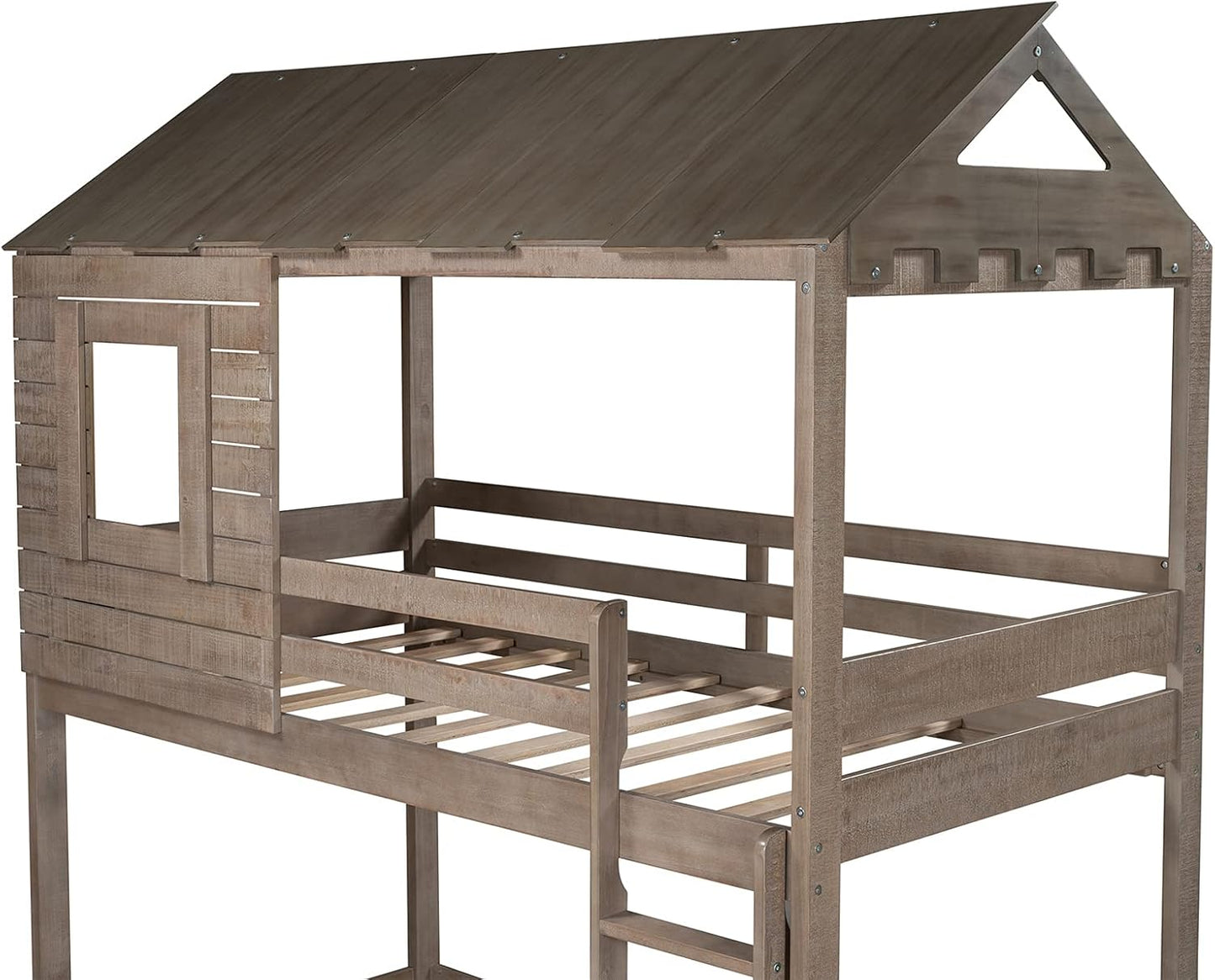 House Bunk Beds, Twin over Twin Bunk Bed Frame Low Bunk Bed for Kids Toddlers Boys Girls, Antique Gray