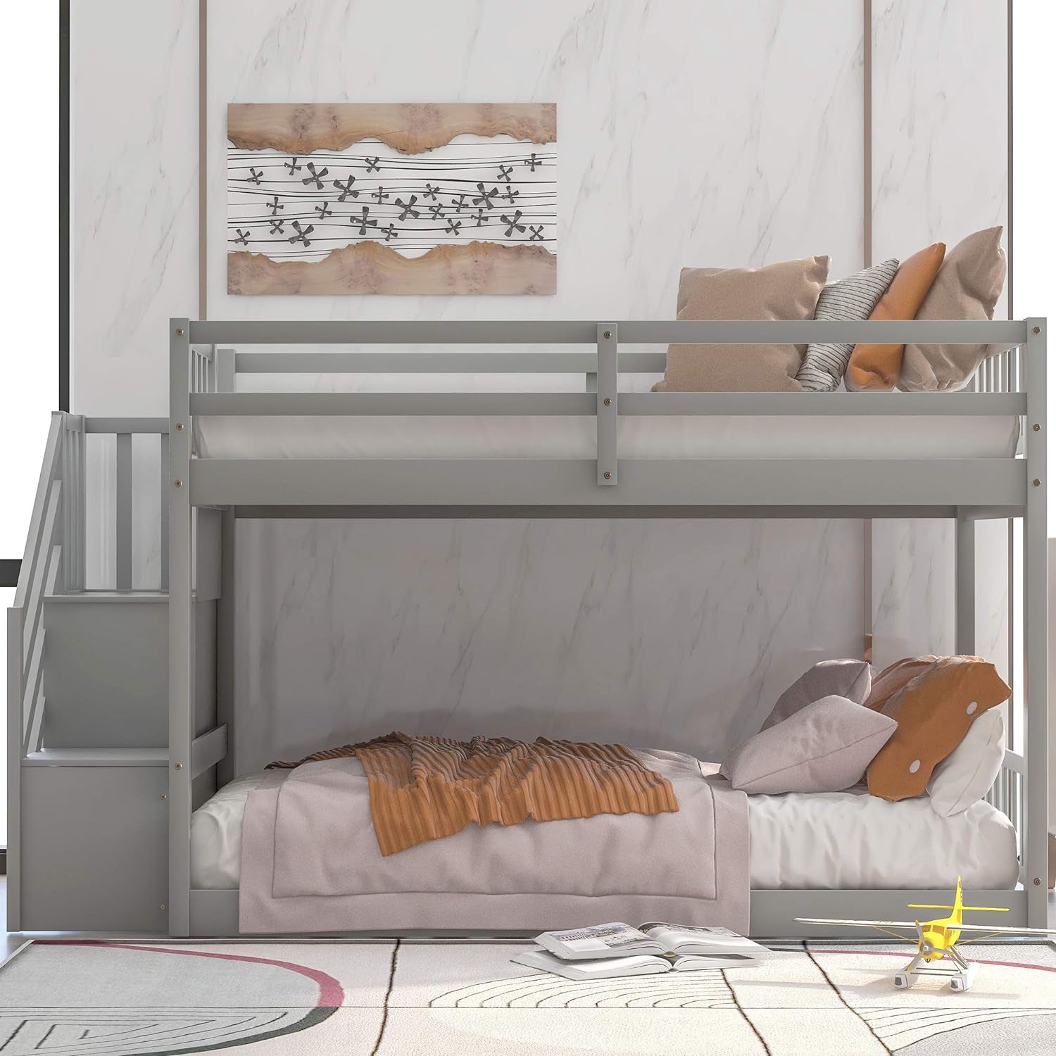 Low Bunk Bed, Wood Twin over Twin Low Floor Bunk Bed, Modern Bunk Bed Frame with Stair and Storage Shelf for Kids,Teens,Boys,Girls,Bedroom Furniture (Gray)