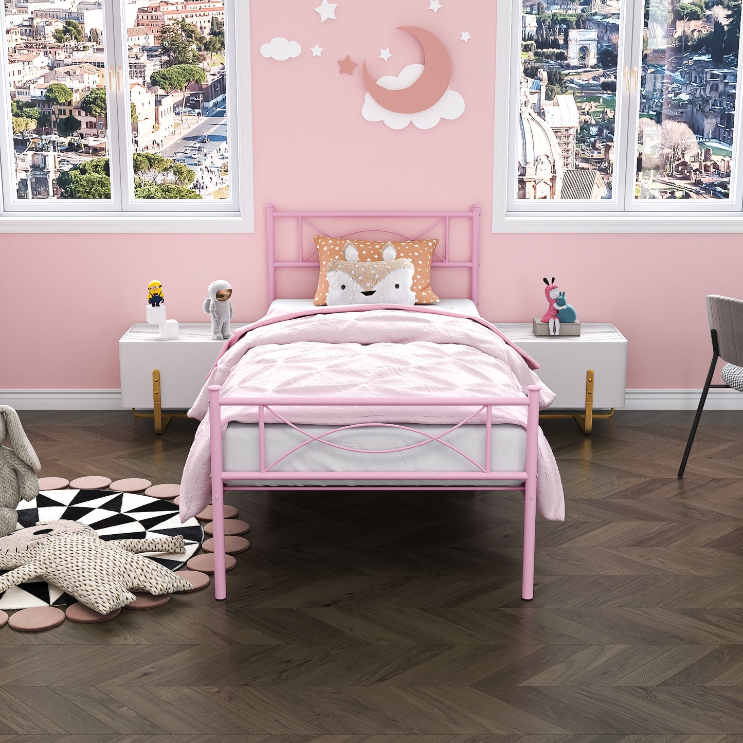Kids Pink Metal Platform Bed Frame Twin Single Bed with Headboard & Footboard for Girls Bedroom Furniture, No Box Spring Needed