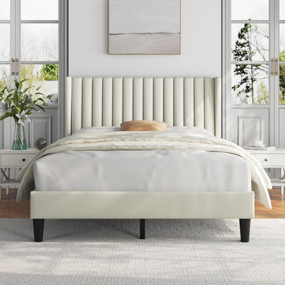 Full Bed Frame Upholstered Platform Bed with Fabric Headboard, Wing Edge Design/Non-Slip and Noise-Free/Wooden Slats Support/No Box Spring Needed/Easy Assembly, Beige Full Bed