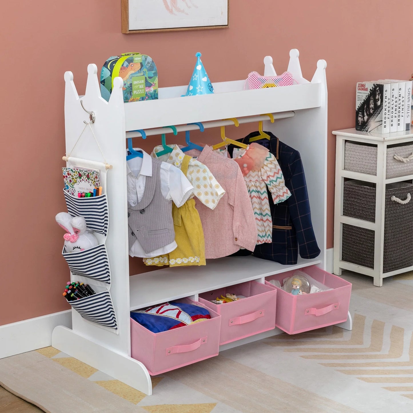 Kids Armoire Pretend Dress-Up Storage Openning Hanging Closet Wardrobe Girls Bedroom Furniture with Mirror, 3 Drawers, Side Pocket(White)