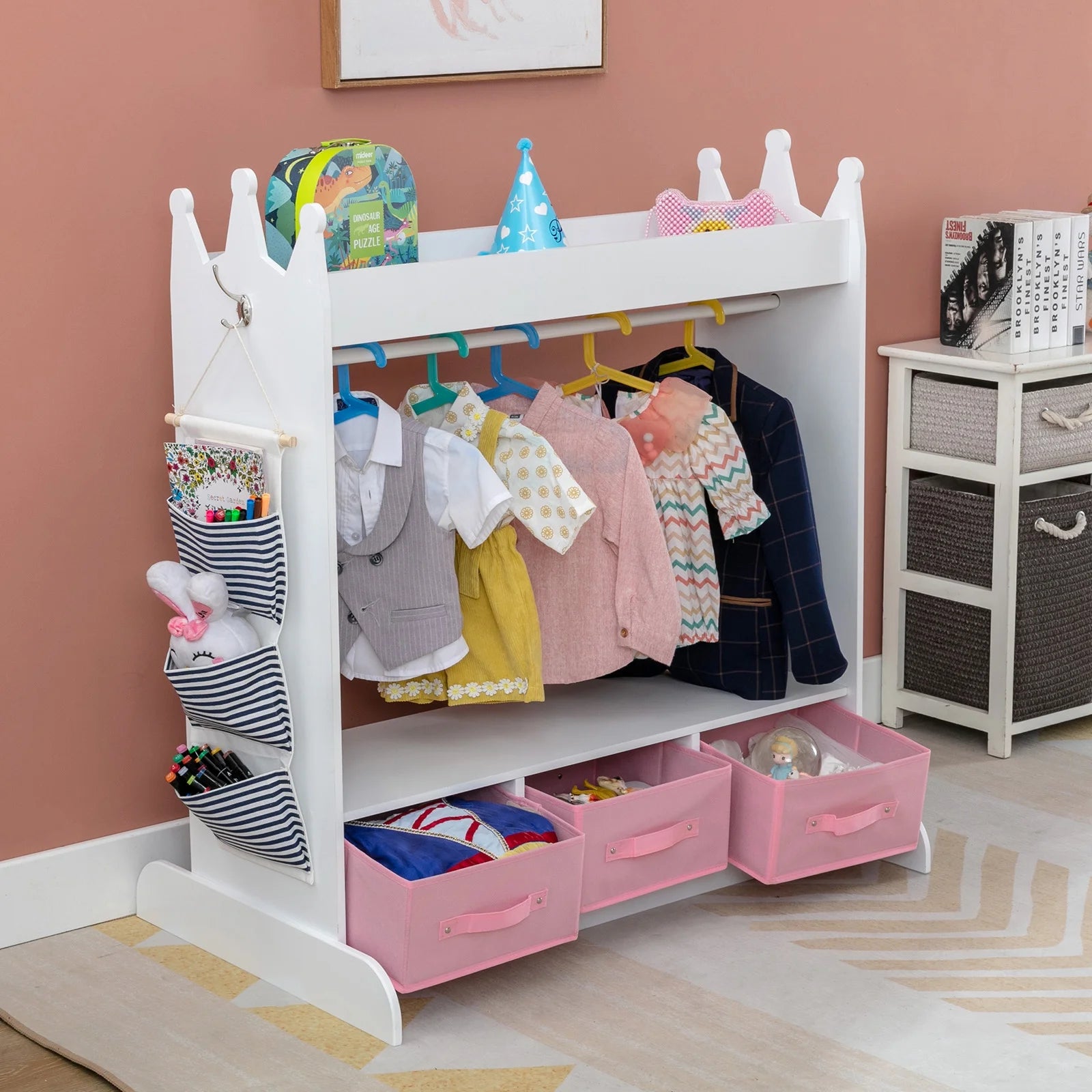 Kids Armoire Pretend Dress-Up Storage Openning Hanging Closet Wardrobe Girls Bedroom Furniture with Mirror, 3 Drawers, Side Pocket(White)