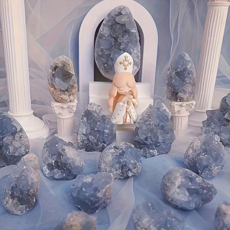Celestite Crystal Cluster, 1 Count Natural Crystal Stone, Healing Crystal Stone, Home Decor, Desktop Ornament, Energy Crystal, Suitable for Aquarium Decoration