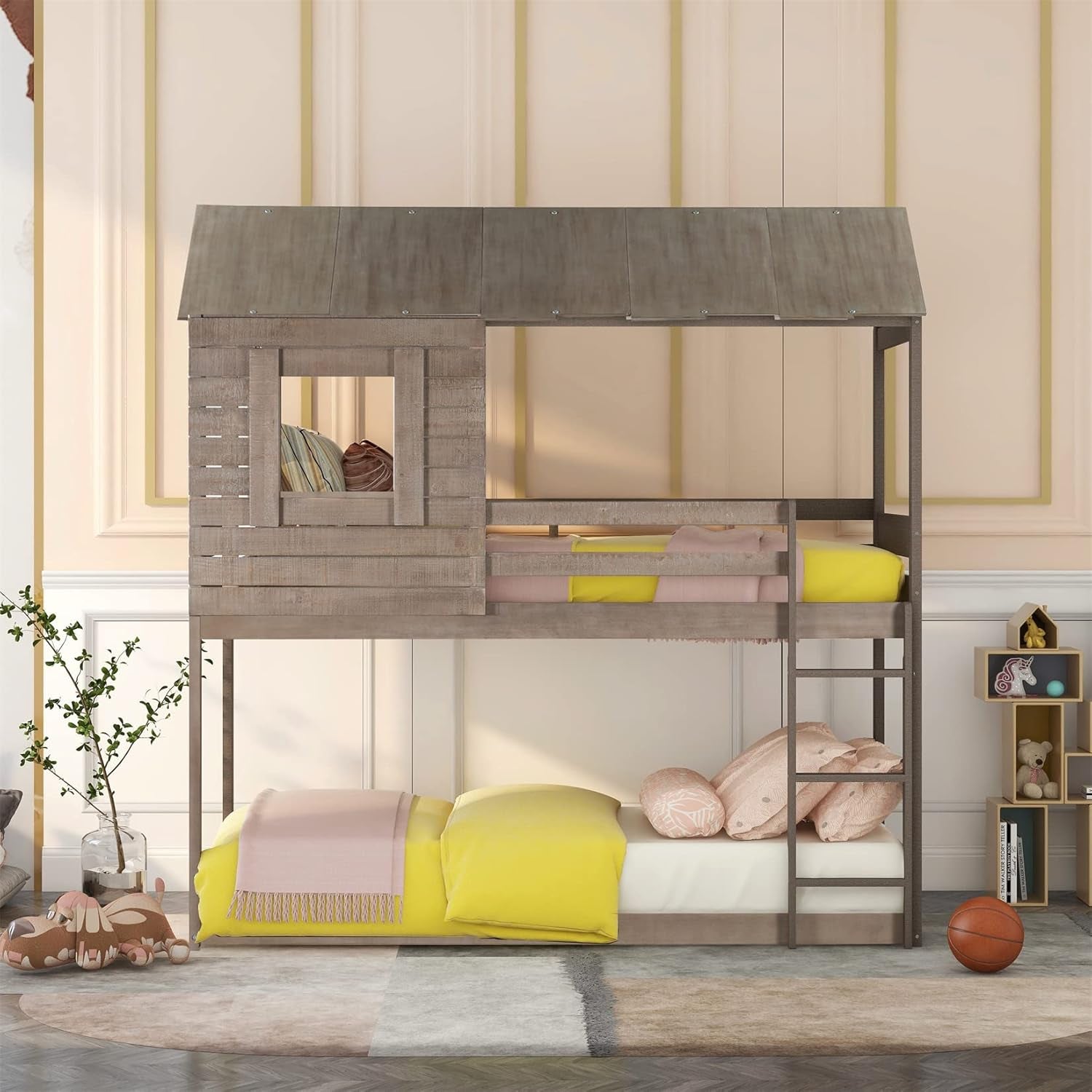 House Bunk Beds, Twin over Twin Bunk Bed Frame Low Bunk Bed for Kids Toddlers Boys Girls, Antique Gray