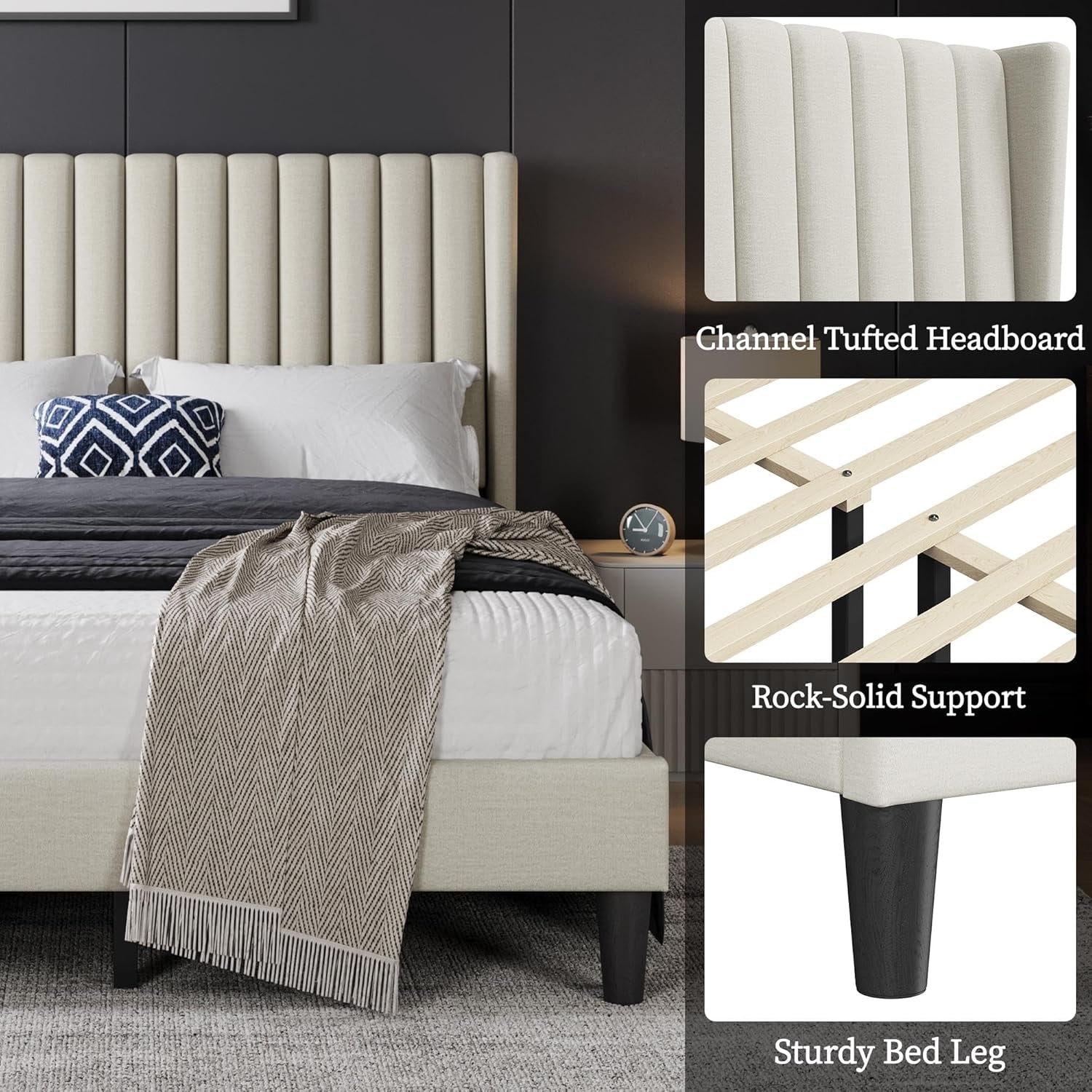 Full Bed Frame Upholstered Platform Bed with Fabric Headboard, Wing Edge Design/Non-Slip and Noise-Free/Wooden Slats Support/No Box Spring Needed/Easy Assembly, Beige Full Bed
