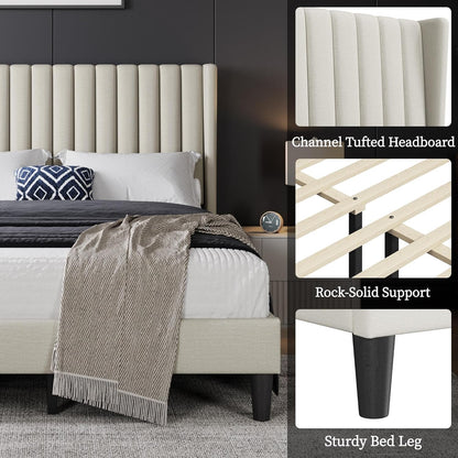 Full Bed Frame Upholstered Platform Bed with Fabric Headboard, Wing Edge Design/Non-Slip and Noise-Free/Wooden Slats Support/No Box Spring Needed/Easy Assembly, Beige Full Bed