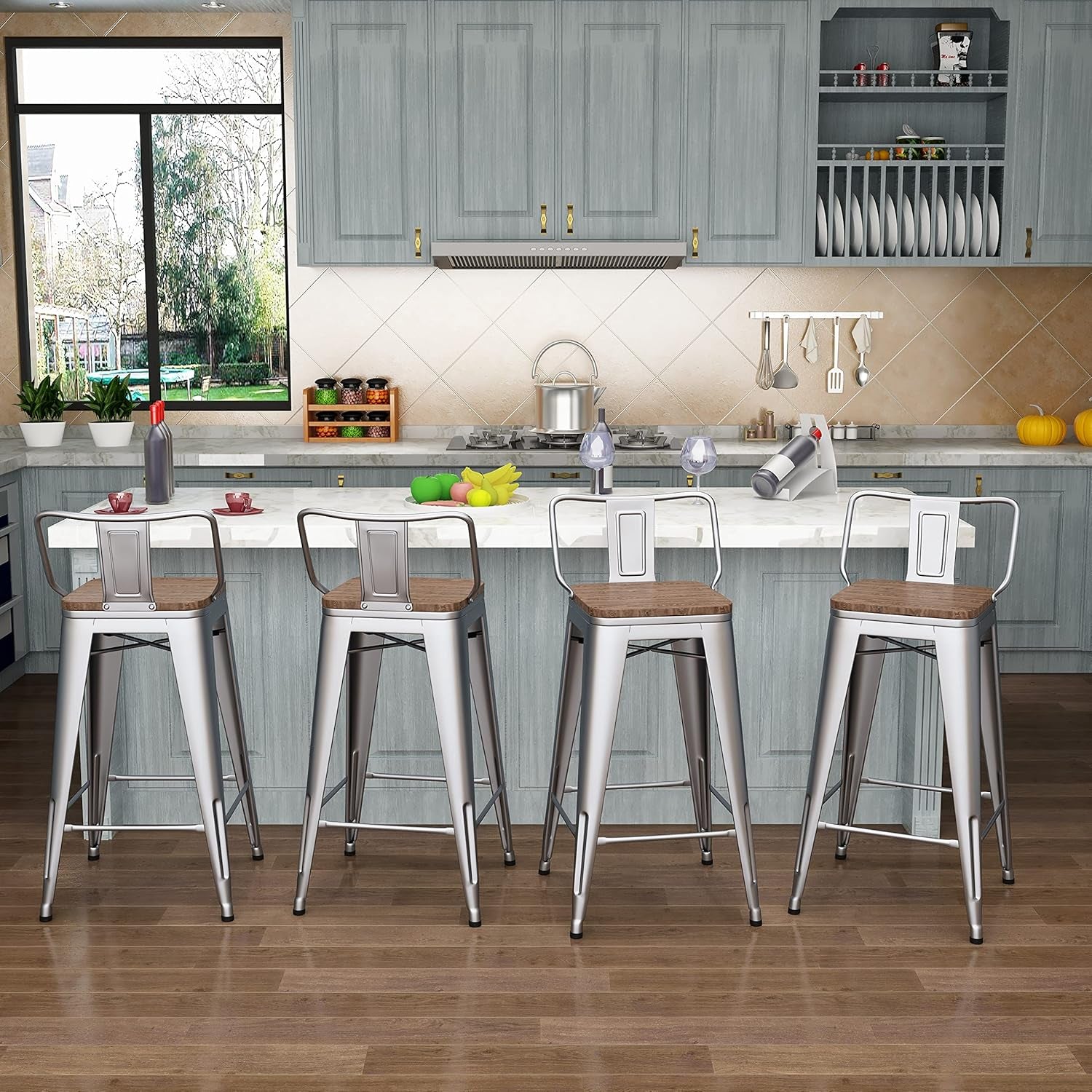 Metal Bar Stools Set of 4 Barstools Counter Height Bar Stools with Back Industrial Bar Stool Indoor Counter Stool Kitchen Island Stools Modern Bar Chair with Wood Top 24 Inch Silver
