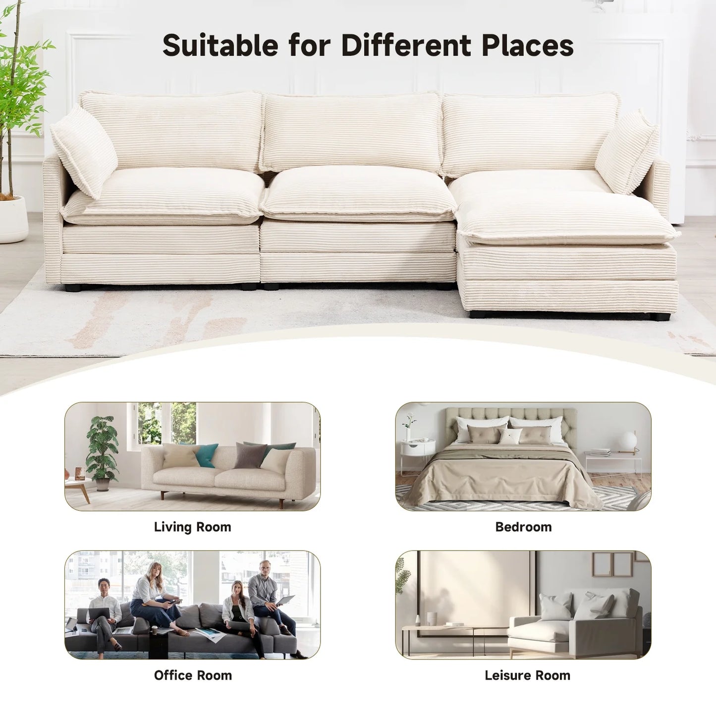 Sectional Sofa with Ottoman, Small L Shaped Free Combination Corduroy Couch Furniture Sets for Living Room, Beige