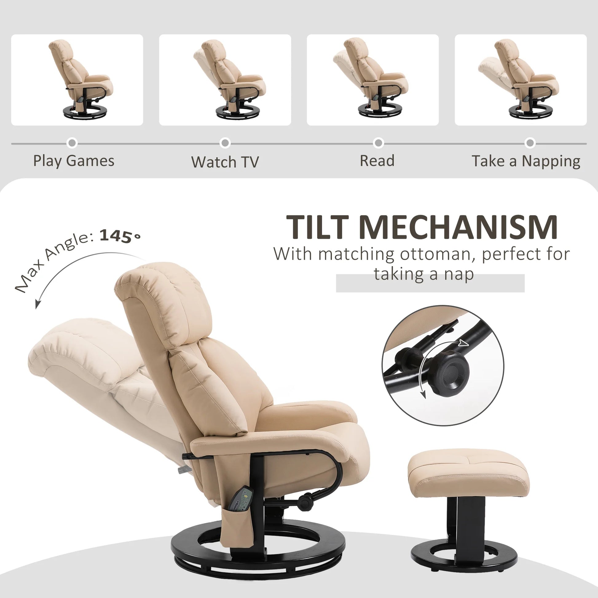 Massage PU Leather Lounge Living Room Recliner Chair W/ Remote, Footrest, Beige