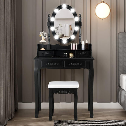 Makeup Vanity Table with 10 LED Lights, Adjustable Brightness, 4 Drawers, Rotatable Mirror, Cushioned Stool, Vanity Desk Dressing Table Bedroom Furniture (Black)