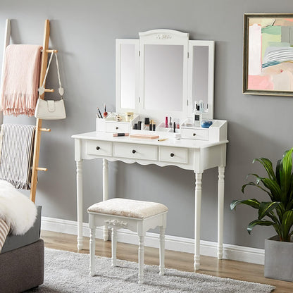Vanity Table Set with Three Square Mirror Dressing Table and Cushioned Stool with 5 Drawers Bedroom Furniture for Girls Women