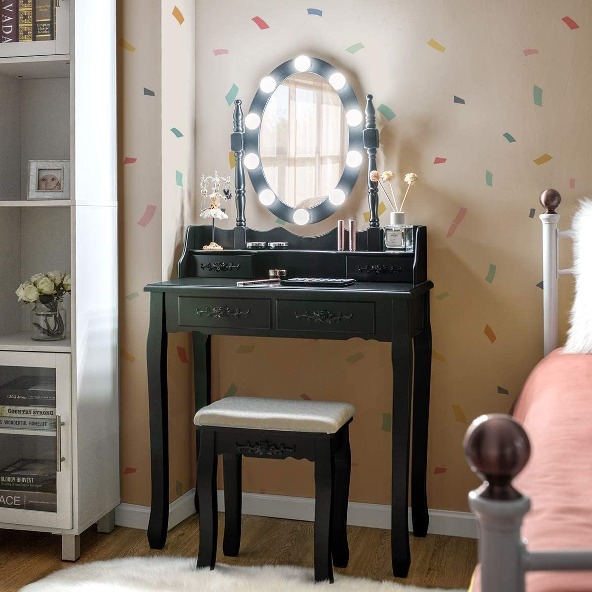 Makeup Vanity Table with 10 LED Lights, Adjustable Brightness, 4 Drawers, Rotatable Mirror, Cushioned Stool, Vanity Desk Dressing Table Bedroom Furniture (Black)
