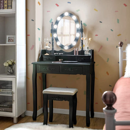 Makeup Vanity Table with 10 LED Lights, Adjustable Brightness, 4 Drawers, Rotatable Mirror, Cushioned Stool, Vanity Desk Dressing Table Bedroom Furniture (Black)