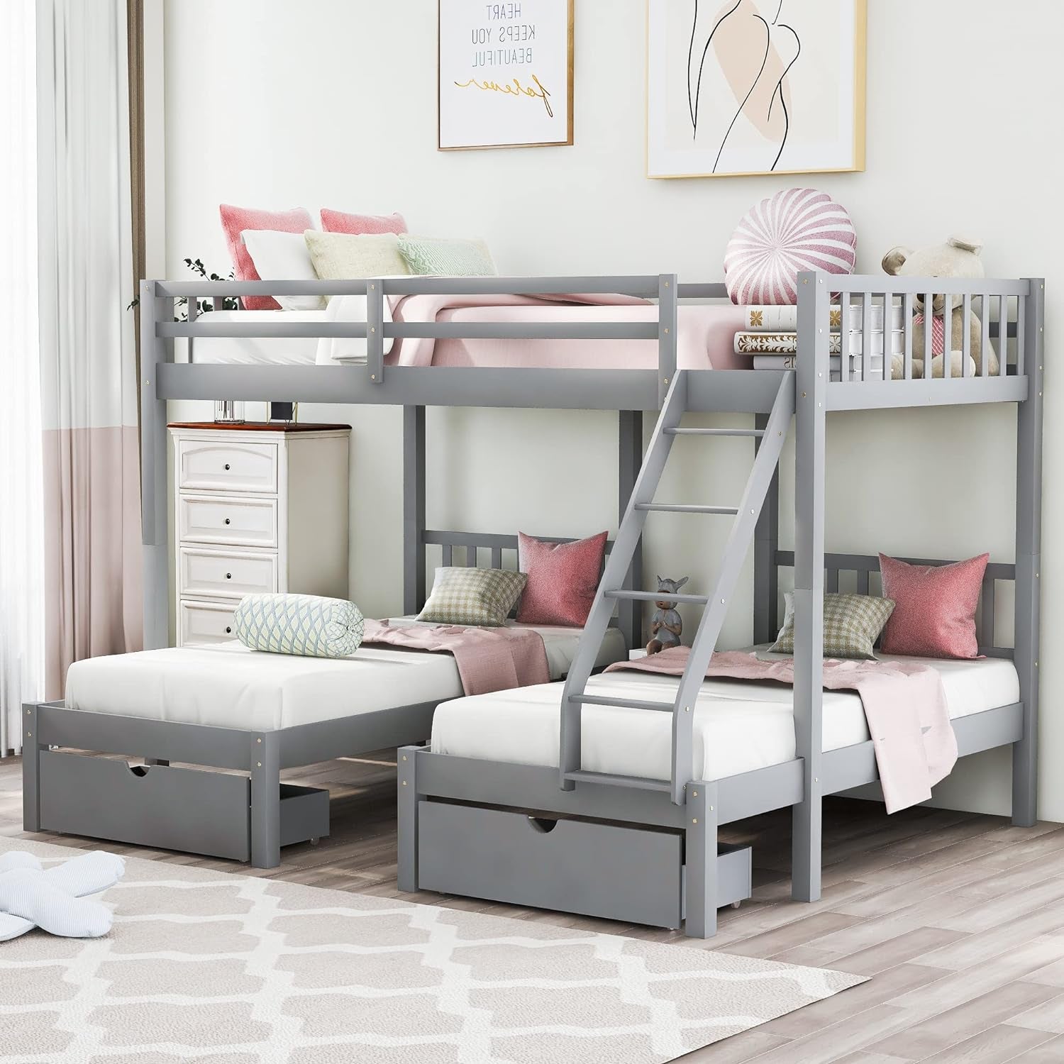 Full over Twin & Twin Bunk Beds, Wooden Triple Bunk Bed Frame with 3 Storage Drawers and Guardrails for Kids, Teens, Bedroom Furniture Bed, Grey