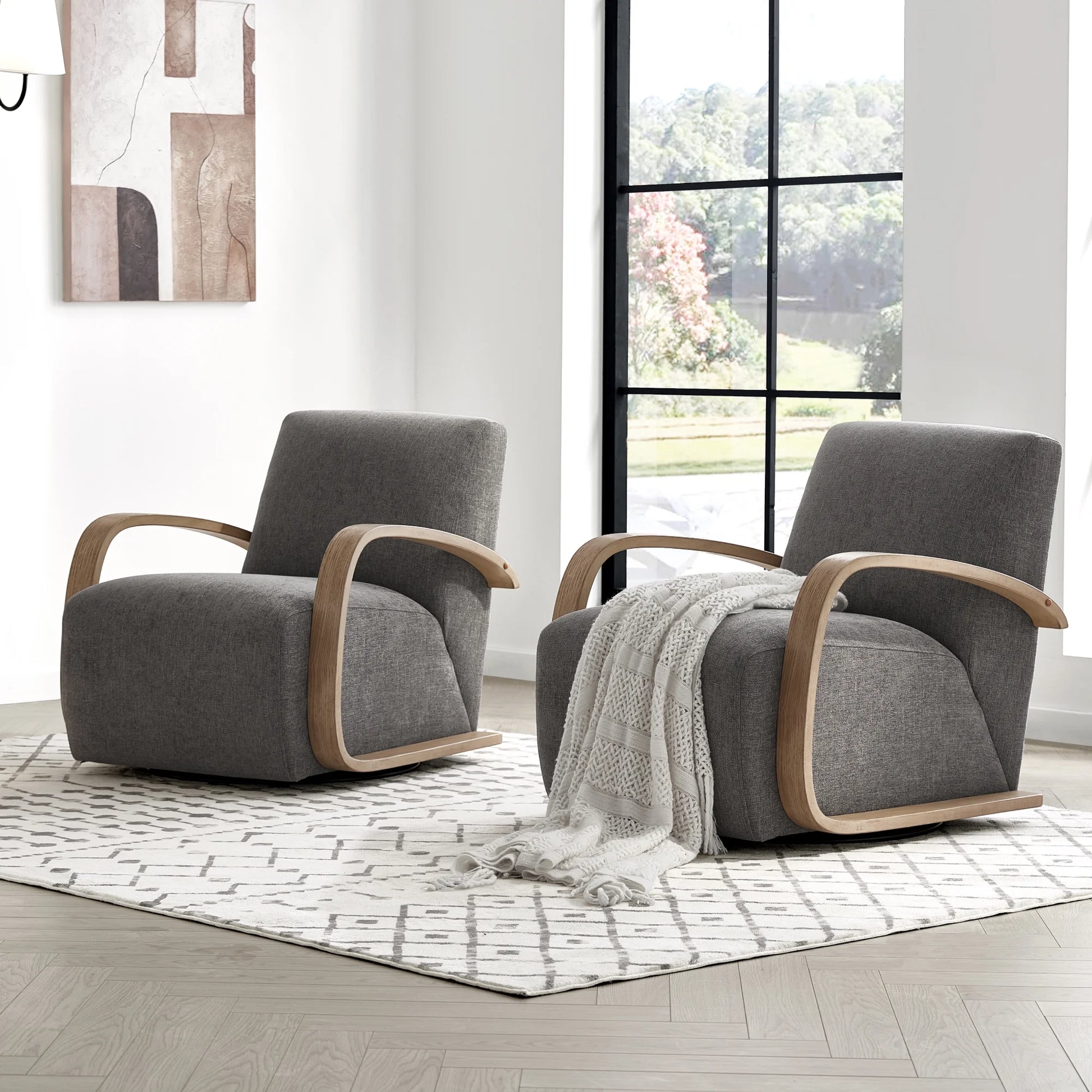 Swivel Accent Chair with U-Shaped Wood Arm for Living Room Beedroom, Fossil Gray Faux Leather&Gray Wood