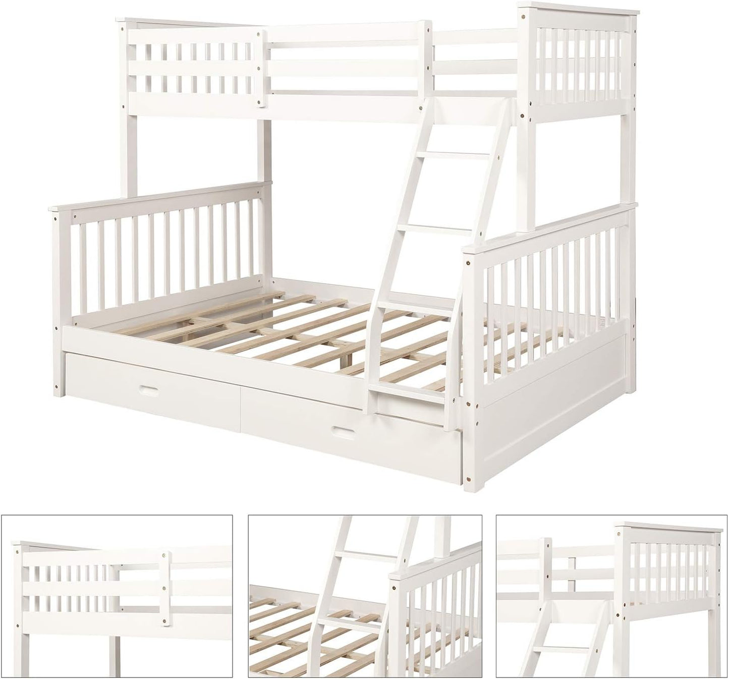 Twin over Full Bunk Bed with Storage Drawers, Can Be Divided into 2 Daybeds, Solid Wood Bunk Bed Frame with Guardrails and Ladder for Kids, Floor Low Bunk Bed for Bedroom, White