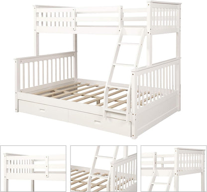 Twin over Full Bunk Bed with Storage Drawers, Can Be Divided into 2 Daybeds, Solid Wood Bunk Bed Frame with Guardrails and Ladder for Kids, Floor Low Bunk Bed for Bedroom, White