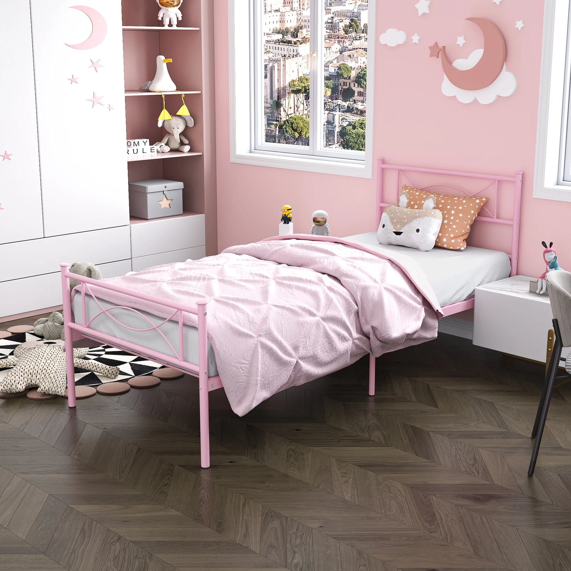 Kids Pink Metal Platform Bed Frame Twin Single Bed with Headboard & Footboard for Girls Bedroom Furniture, No Box Spring Needed